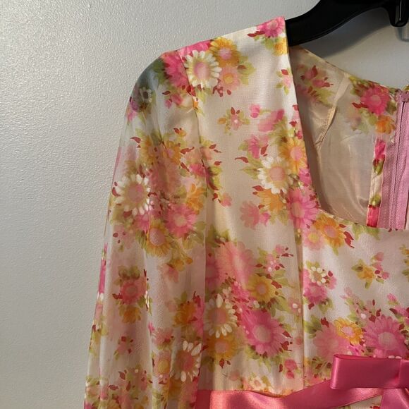 Vintage Handmade Empire Floral Dress 1950s 1960s Bow Detail XS/S - Picture 3 of 8